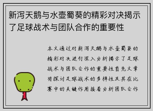 新泻天鹅与水壶蜀葵的精彩对决揭示了足球战术与团队合作的重要性